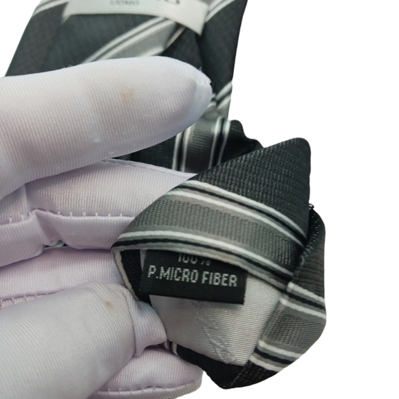 Azzuro Uomo Mens Tie & Pocket Square Set Black Gray Striped Business Formal - Picture 2 of 7